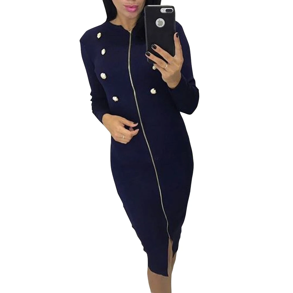 Женское трикотажное платье на молнии с длинным рукавом|Женские платья| |