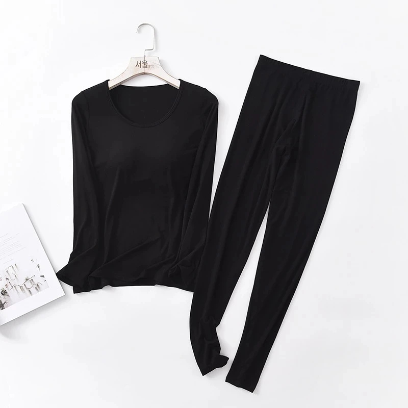 Autumn Winter Modal Pajamas Sets Women Padded Top Long Sleeve O-neck T-Shirt All Match Tee Long Johns Bra-T Homewear
