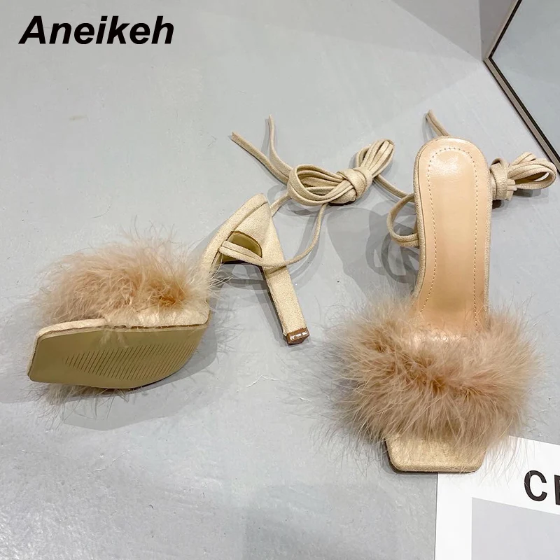 Модные меховые украшения Aneikeh сандалии-гладиаторы с квадратным открытым носком и
