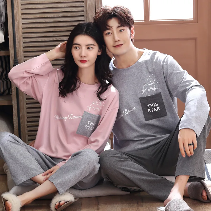 

Men's Pajamas Women's Pajamas 2019 Spring Men Pure Full Cotton Pajamas Set Long Crew Neck Sleeve Pijama Set for Male Plus Size