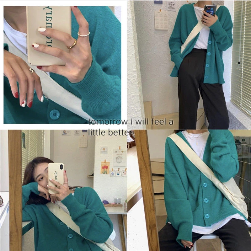 

Vintage Loose Student Cardigan Autumn Women Korean Fashion All-match Long Sleeve Top Knitted Preppy Solid Goth V-neck Simple Top