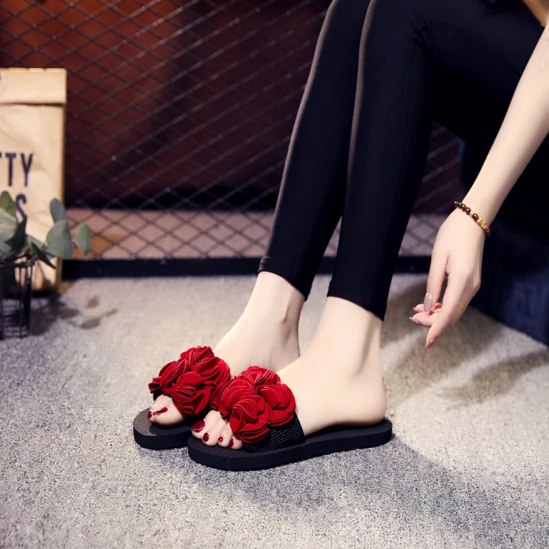 

Summer Women's Slip on Flats Flower Flat Slippers Non-slip Beach Shoes Soft Comfy Antiskid Ladies Slippers Zapatos De Mujer