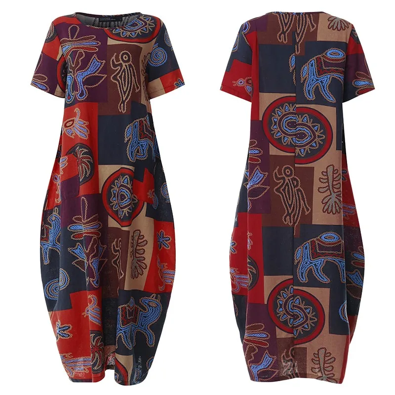 Женский сарафан из хлопка и льна с принтом коротким рукавом | Женская одежда