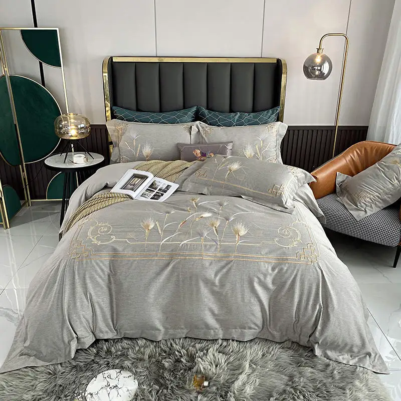 

Gray Bedding Set Wheat Embroidery Duvet cover set Long-staple cotton Pillowcases Queen King Size Bed Bed Linen 4pcs 2020 new