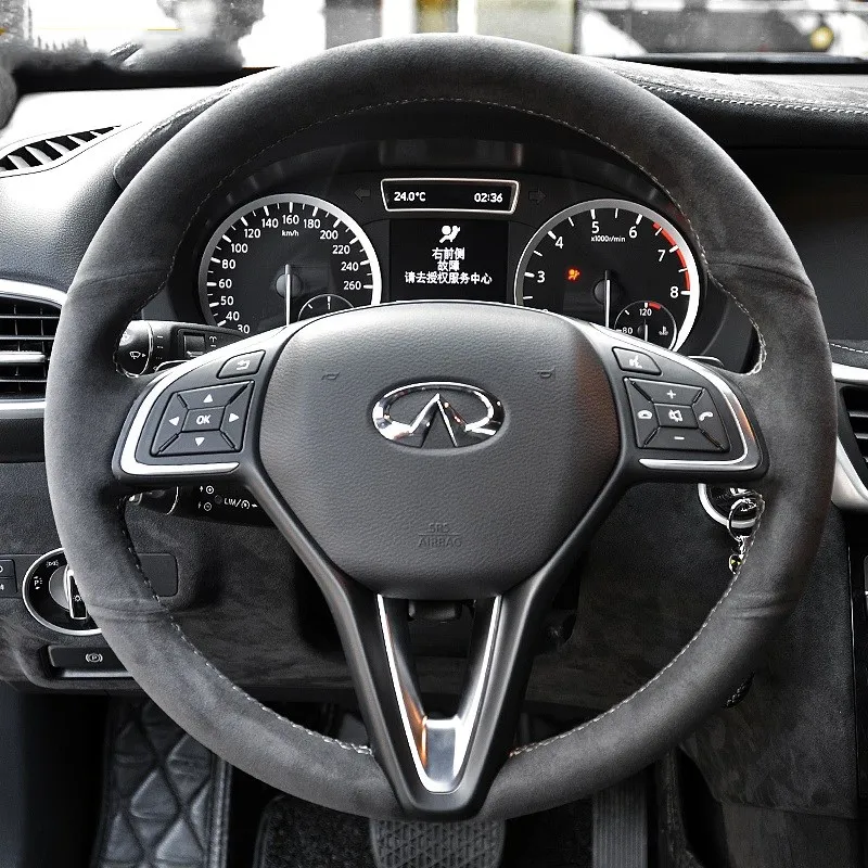 

DIY hand-stitched leather suede car steering wheel cover for Infiniti QX50 Q50l Q70l QX80 QX30 G25