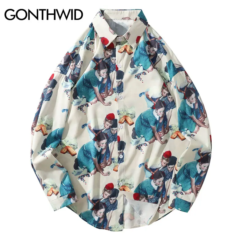 

GONTHWID Vintage Painting Print Long Sleeve Dress Shirts Harajuku Casual Button Up Shirt Streetwear Hip Hop Men Fashion Tops