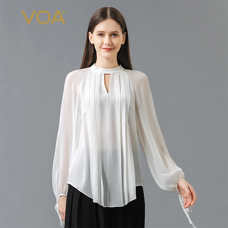 VOA Шелковый крепдешин белый воротник ремень дизайн длинный рукав манжеты сложить