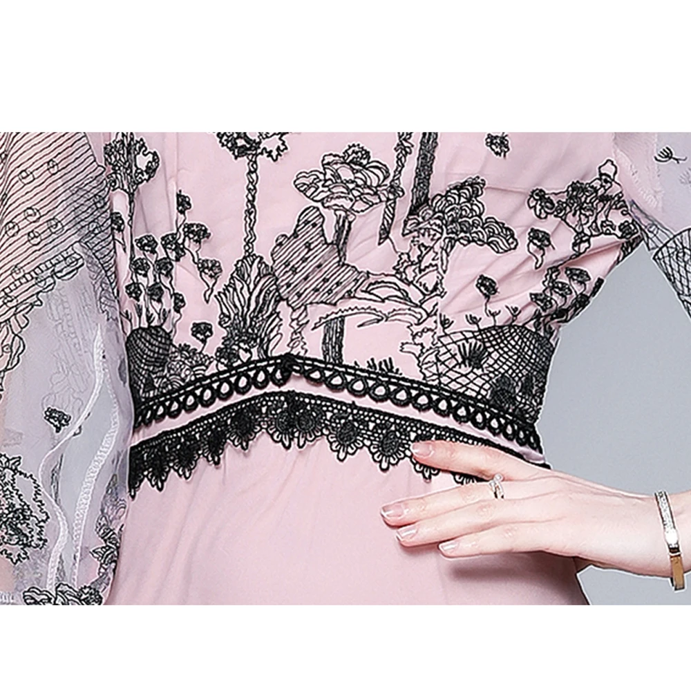 

Simgent Lantern Sleeve Dress Women Embroidery Mesh Patchwork A Line Elegant Stand Collar High End Midi Dress Vestidos SG1011310