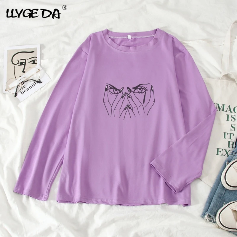 

Face Pattern Print Casual Women's T-shirts Long Sleeve O-neck Woman Tshirts 2021 Spring Summer Fashion Comfortable Top Women