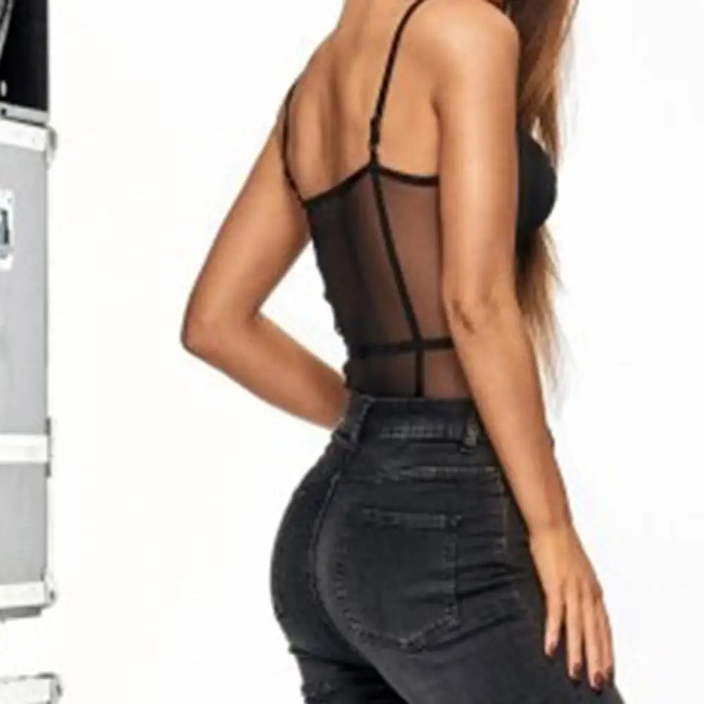Mesh Women Jumpsuits Sexy Perspective Skinny Solid Color Sleeveless Clubwear Bodysuits Overalls monos de fiesta 2020 New Hot E |