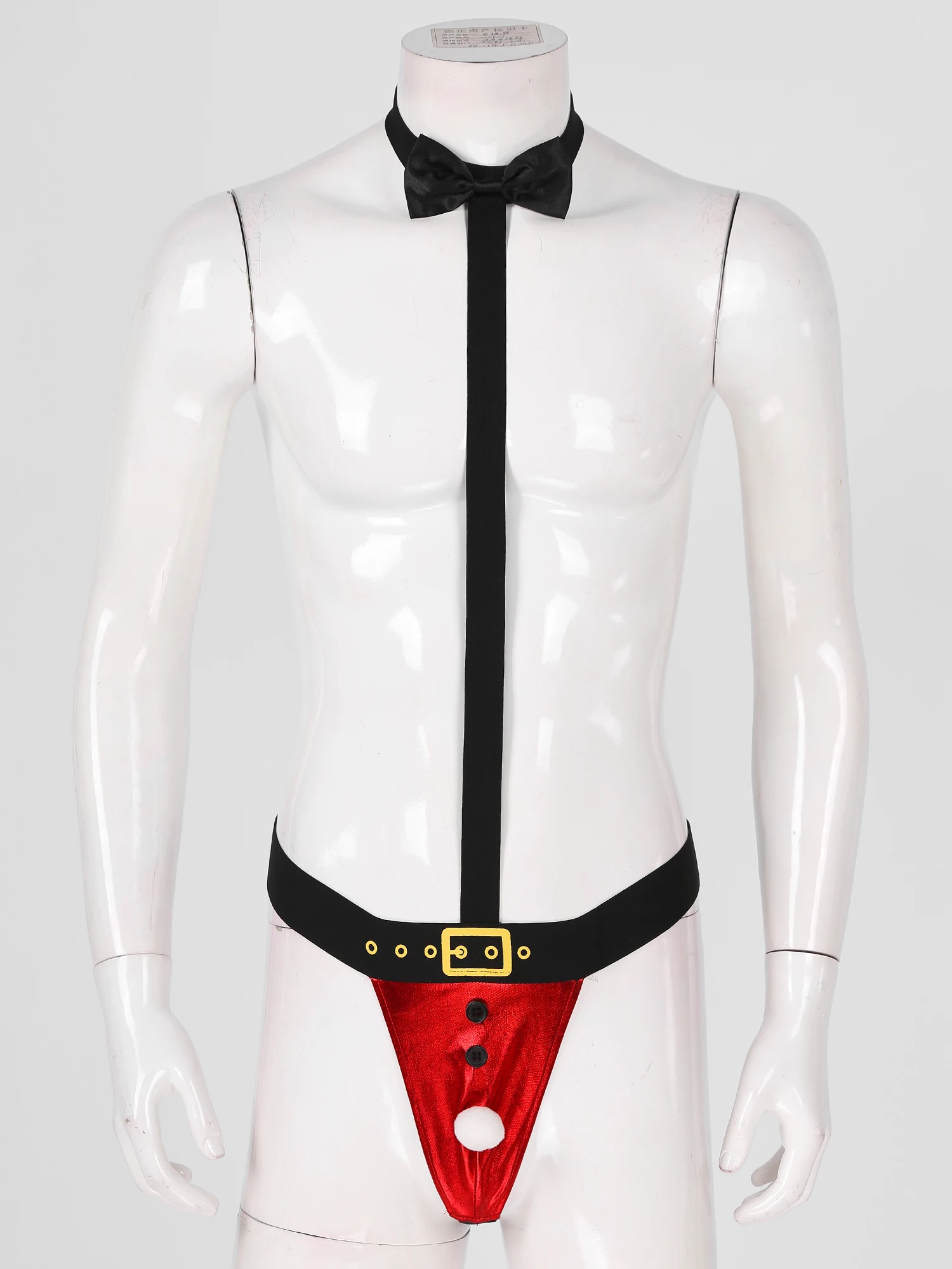 

Men Glossy Elastic Suspenders Christmas Costume Underwear Suspender Bow Tie Pom-Pom G-String Thongs Mankini Teddies