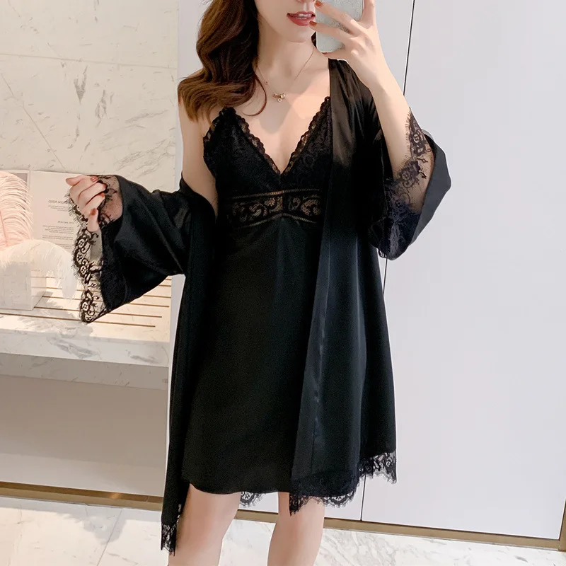 

Women Robe Satin Kimono Bathrobe Gown Sexy Two Piece Set With Lace Sleepwear Perspective Spring Summer Intimate Lingerie