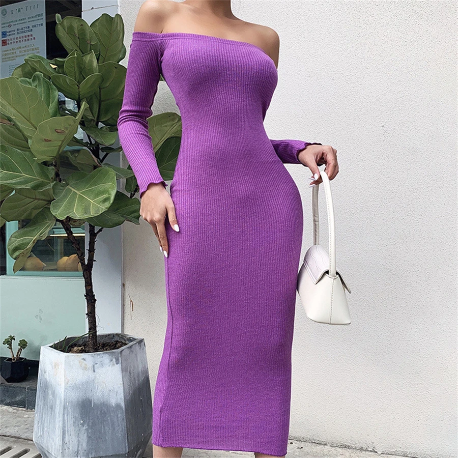 

BoozRay Dress Women Sexy Long sleeve Solid Knitted Ankle-Length Party Dress Slim Elastics Off Shoulder Dress Cotton