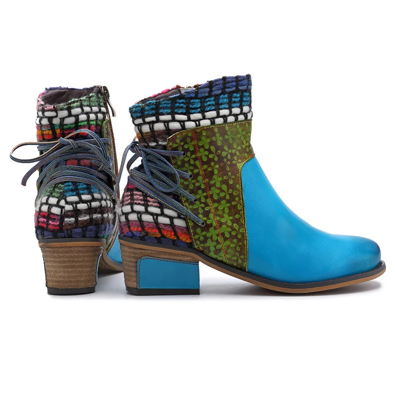 Bohemian Style Genuine Leather Hand-Painted Vintage Casual Ladies Ankle Boots Western Cowboy Motorcycle Ankle Boots for Female