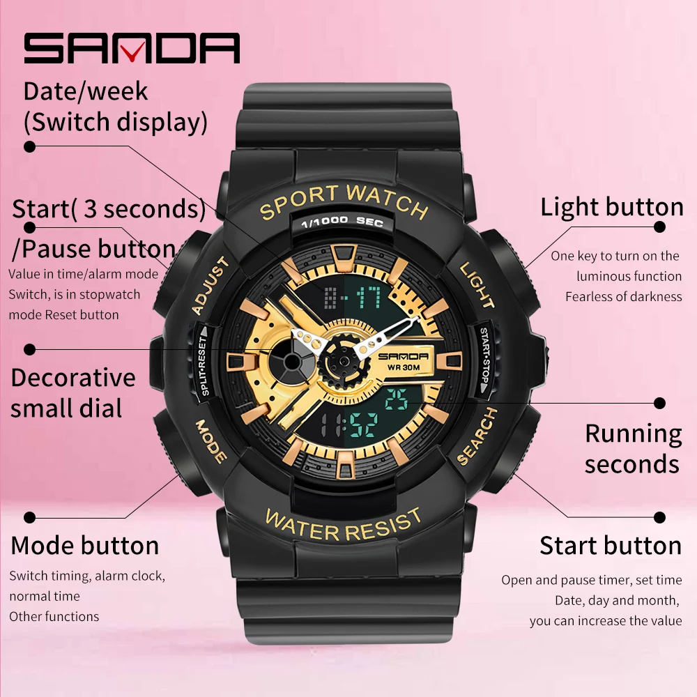 SANDA G Style Sports Woman Watch Casual LED Digital Military Waterproof Watches Women Chronograph Alarm Clock | Наручные часы