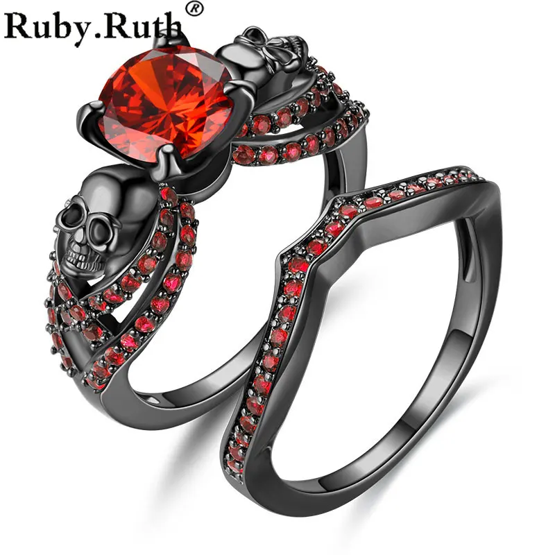 Набор колец с черепами для мужчин и женщин красным цирконием набор черных