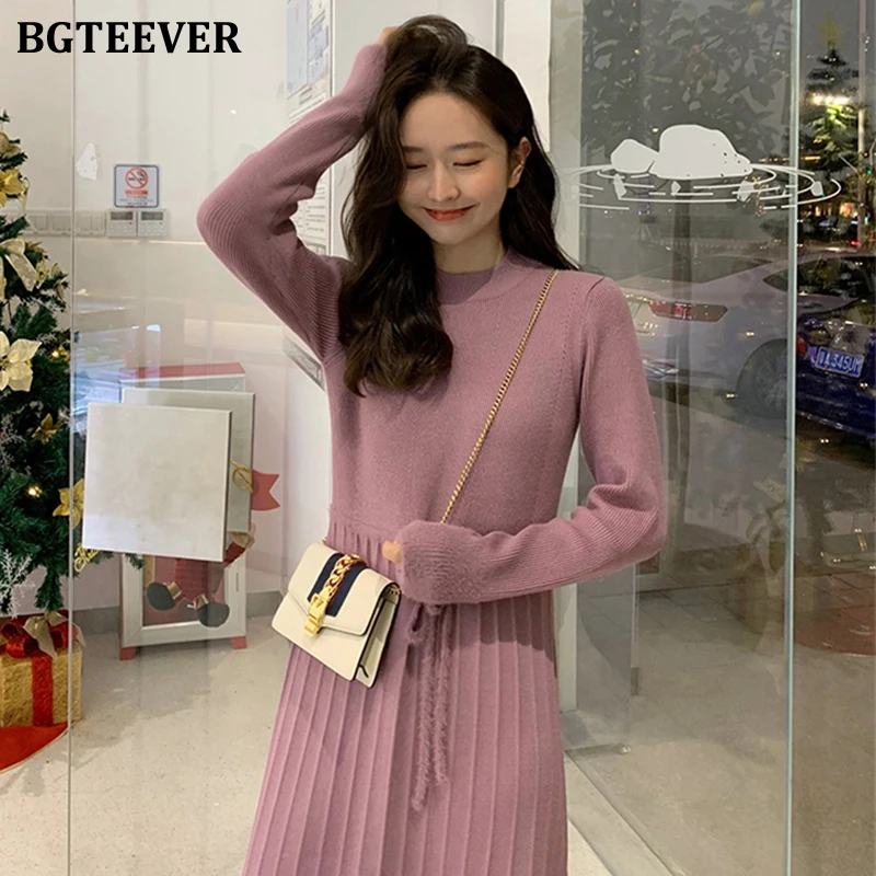 Женское трикотажное платье-свитер BGTEEVER элегантное ТРАПЕЦИЕВИДНОЕ