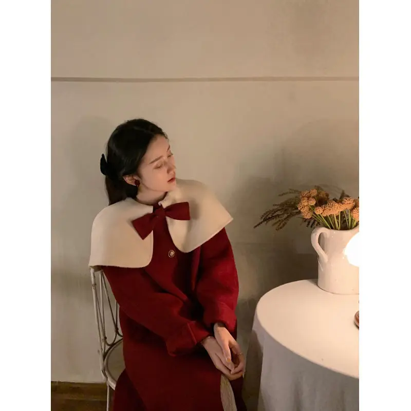 

British Style Round Collar Woolen Coat Winter 2021 New Designer Female Bow Cloak Wool Coat