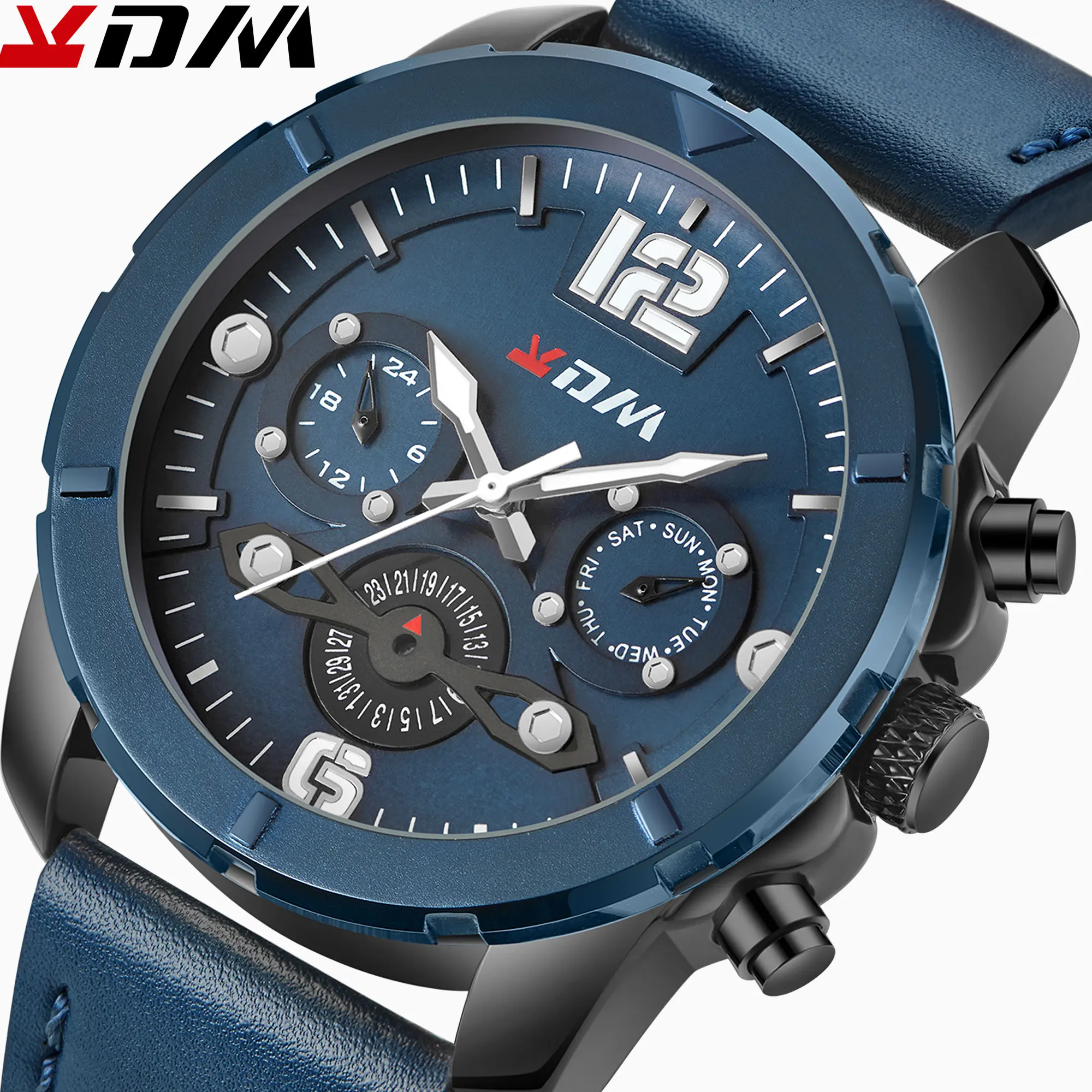 Мужские кварцевые часы фитнеса с кожаным ремешком 3 циферблата|Мужские