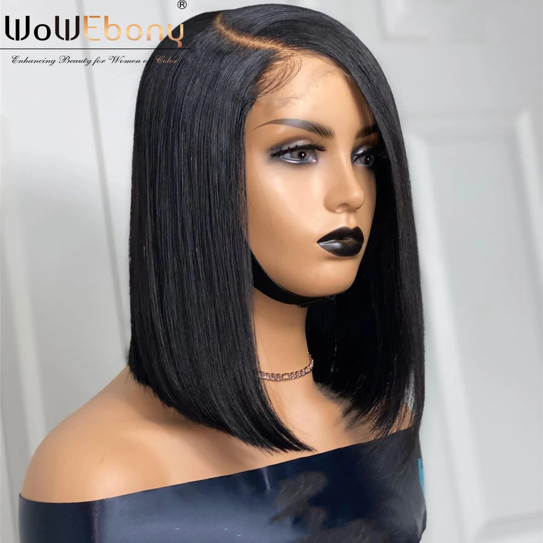 Online WoWEbony Wig Lurus Bob Renda Depan Brasil Halus Lurus Remy 13X1 T Bagian Renda Wig Depan Pra Dipetik Shory Wig 180%