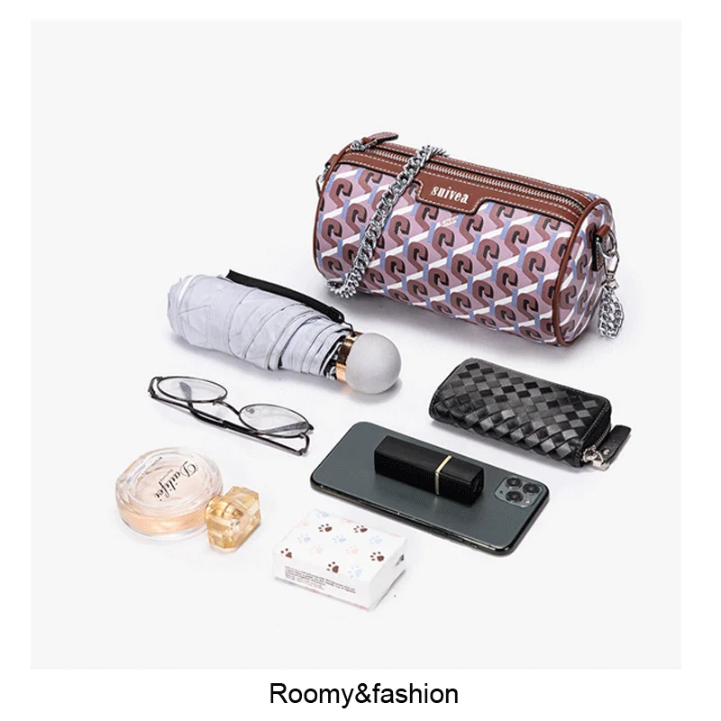 

Cylindrical Print Vintage Ladies Baguette Round Diagonal Boston Pillow Bucket Chain Bag Luxury Designer Crossbody Handbag Purse
