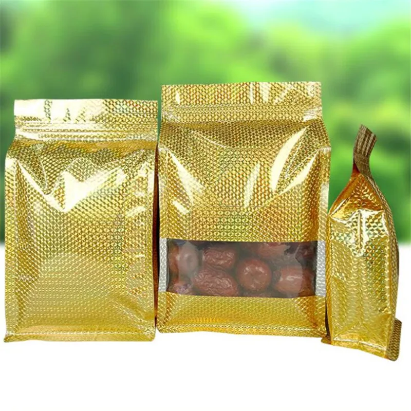 

50Pcs/Lot Grains Nut Snack Coffee Chocolate Food Packing Bag Eight Side Seal Aluminum Foil Bags Stand Up Window Pouches Storage