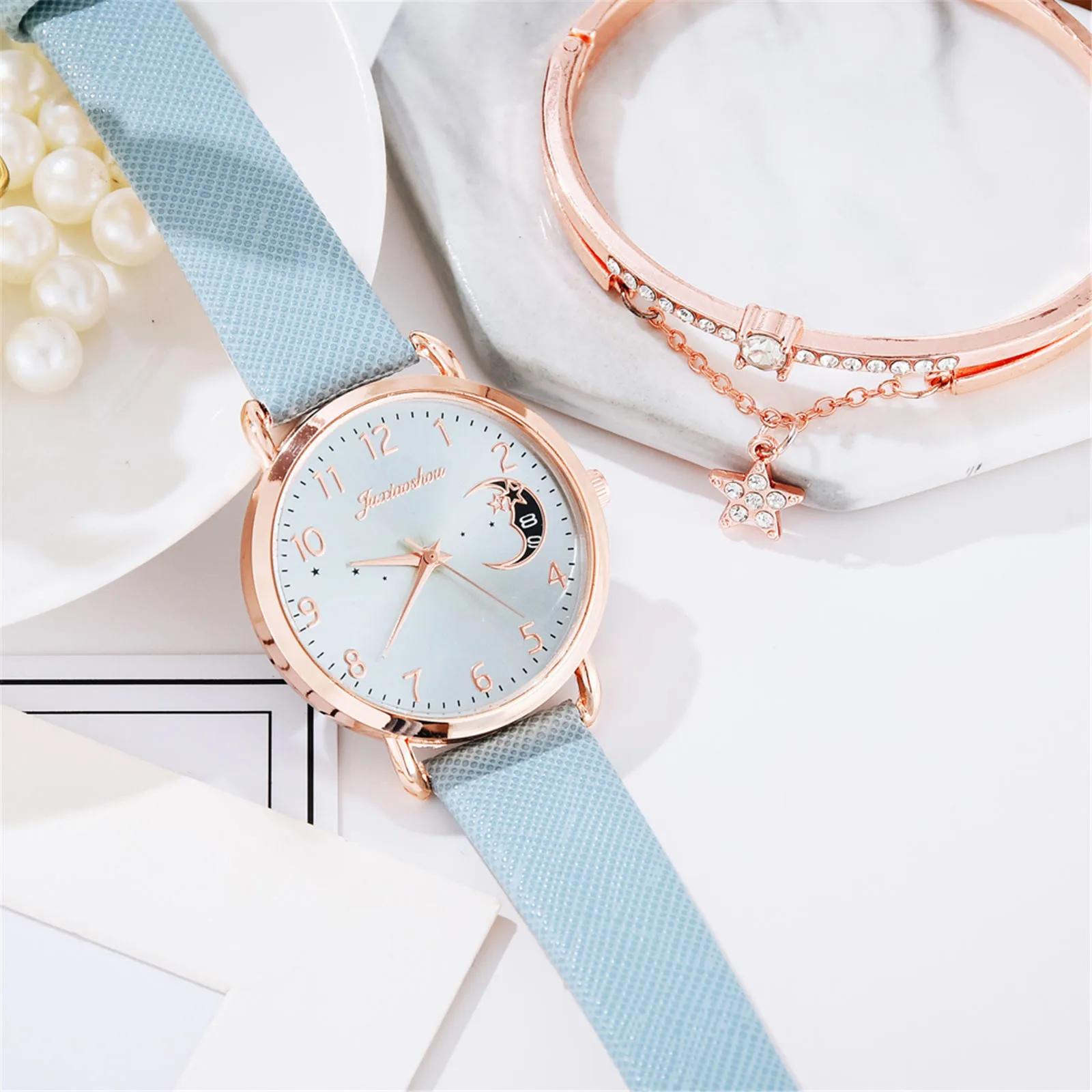 

Fashion simple belt watch ladies exquisite thin quartz watch with star and moon dial quartz watch girl gift X5
