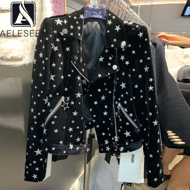 

AELESEEN Fashion Designer Jackets Women Autumn Winter Velvet Star Black Zipper Long Sleeve High Quality Elegant Coat