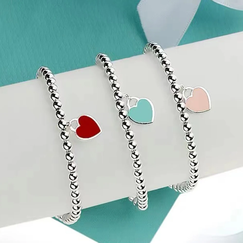 

S925 Sterling Silver 4mm Round Bead Enamel Heart Bracelet Original Luxury Brand Jewelry Woman Bracelet High Quality Holiday Gift