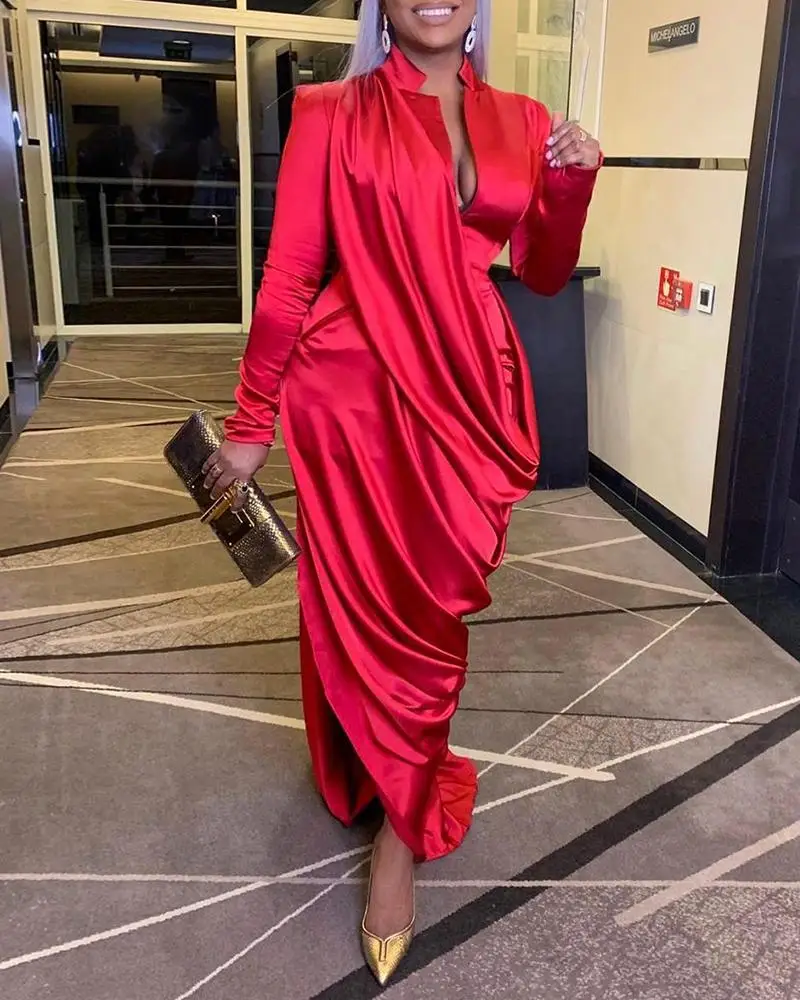 Атласное платье миди с длинным рукавом Сексуальные вечерние платья элегантное