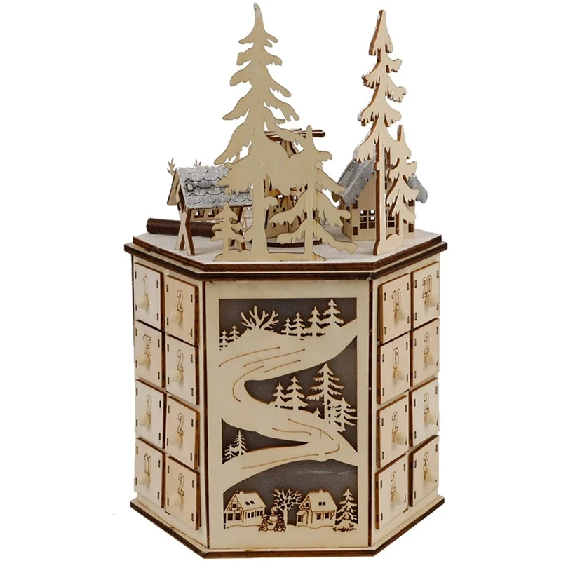 

LED Revolving Music Box Advent Calendar Decorated with LED Lights Wooden Carved 24 Day Countdown to Christmas Calendar