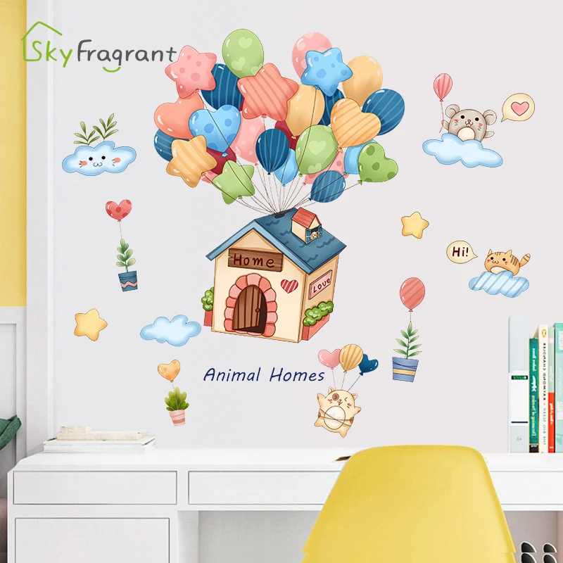

Creative Cartoon Flying House Wall Stickers For Kids Rooms Child Boy Bedroom Wall Decor Self Adhesive Stickers Decoration Home