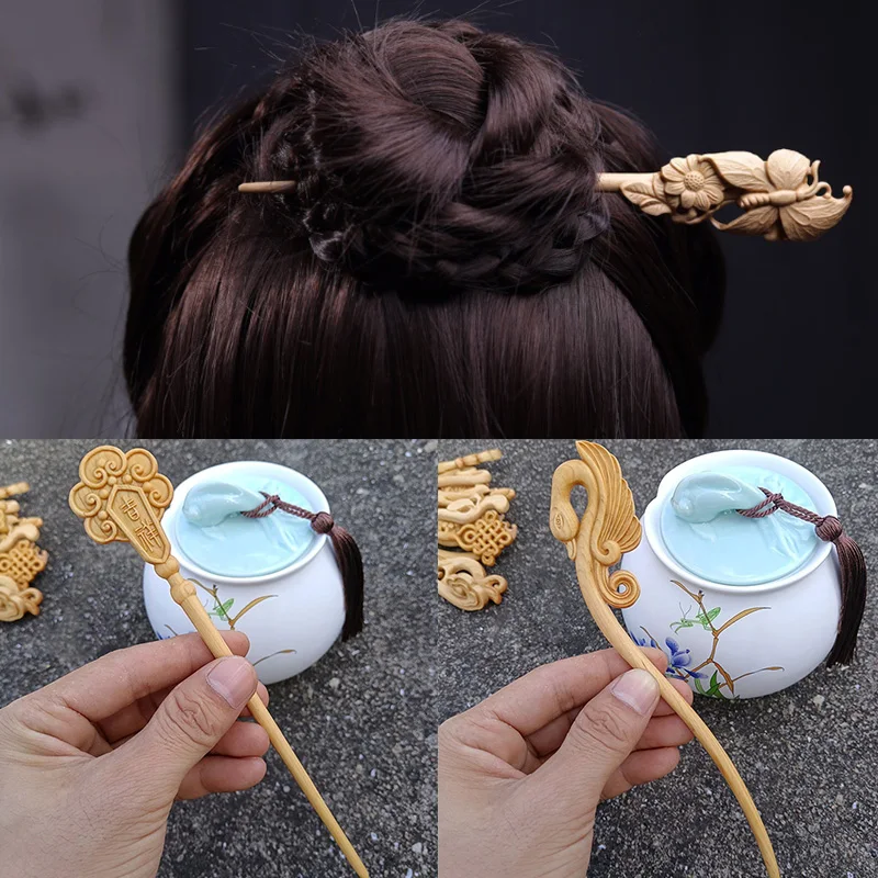 

Винтажные женские волос палочки для еды Невидимый аксессуар для волос ручной работы резного дерева заколки в этническом стиле волос булавк...