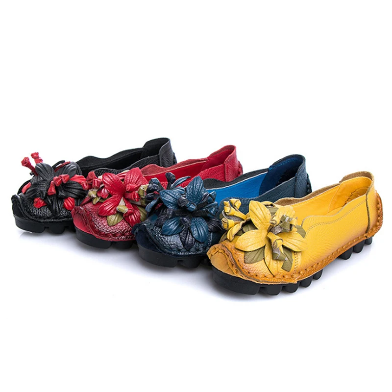 

National Wind Flowers Flat Shoes Women Handmade Genuine Leather Shoes Women Retro Soft Bottom Flat Shoes Autumn Flats Shoes