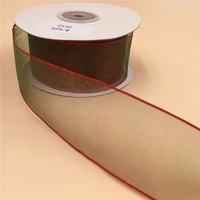 38mm x 25 yards coffee with red line organza wire edge ribbon for birthday decoration gift wrapping 1 12