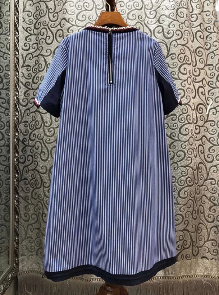

Striped 2020 Summer Fashion Women Hollow Out Embroidery Color Block Patchwork Short Sleeve Straight Casual Cotton Dress XL