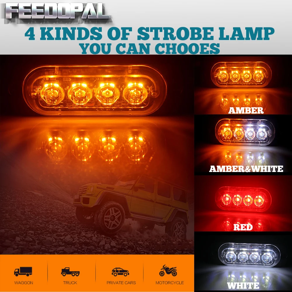 FEEDOPAL 2 шт. 4LED 12V 24V Янтарная белый красный мигающий Стробоскопическая Лампа