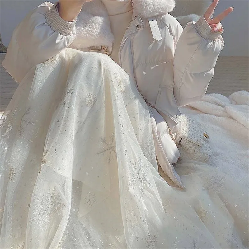 Юбка сетчатая Женская средней длины с вышивкой в виде снежинок Осень-зима 2021 -