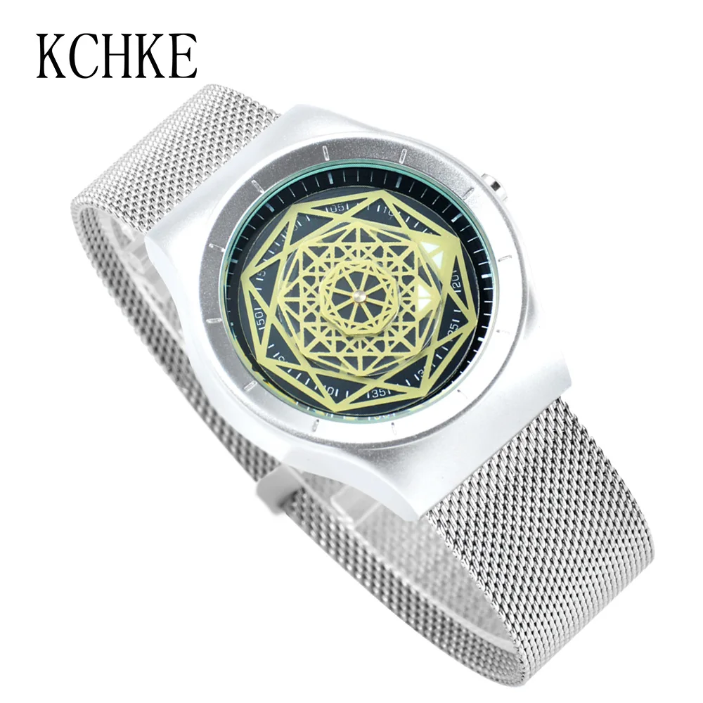 Часы KCHKE мужские модные водонепроницаемые тонкие с сетчатым ремешком простые
