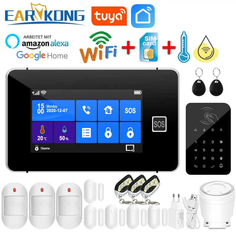 TuyaSmart Wifi GSM Alarm System Home Burglar Alarm Temperature Humidity Wireless Wired Touchpad Fingerprint Alexa Google Home