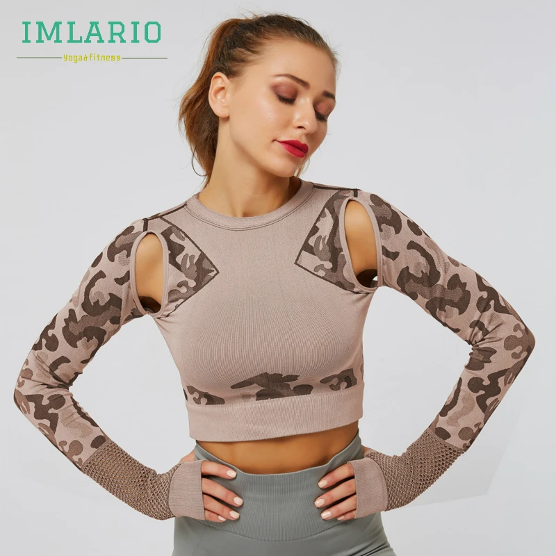 Imlario Camo панель Йога укороченный топ Бесшовные Фитнес тугие рубашки с вырезами