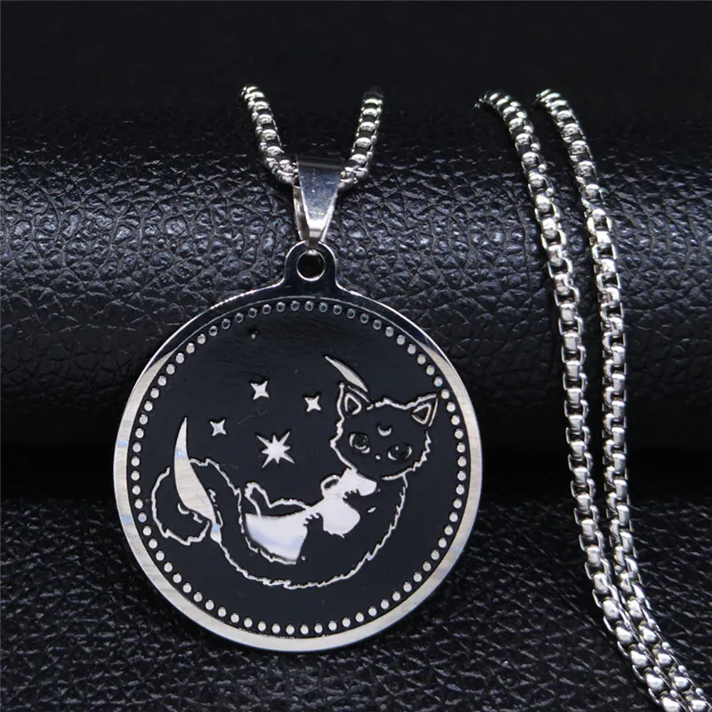Женское Ожерелье из нержавеющей стали AFAWA Moon and Cat цепочка серебряного цвета