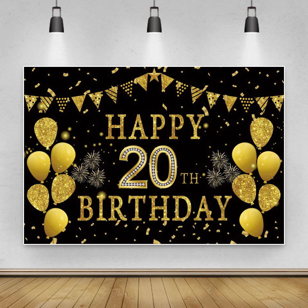 Laeacco Golden Balloons Flag Star Glitter Fireworks 20th Birthday Custom Backdrop Portrait Photographic Background Photophone