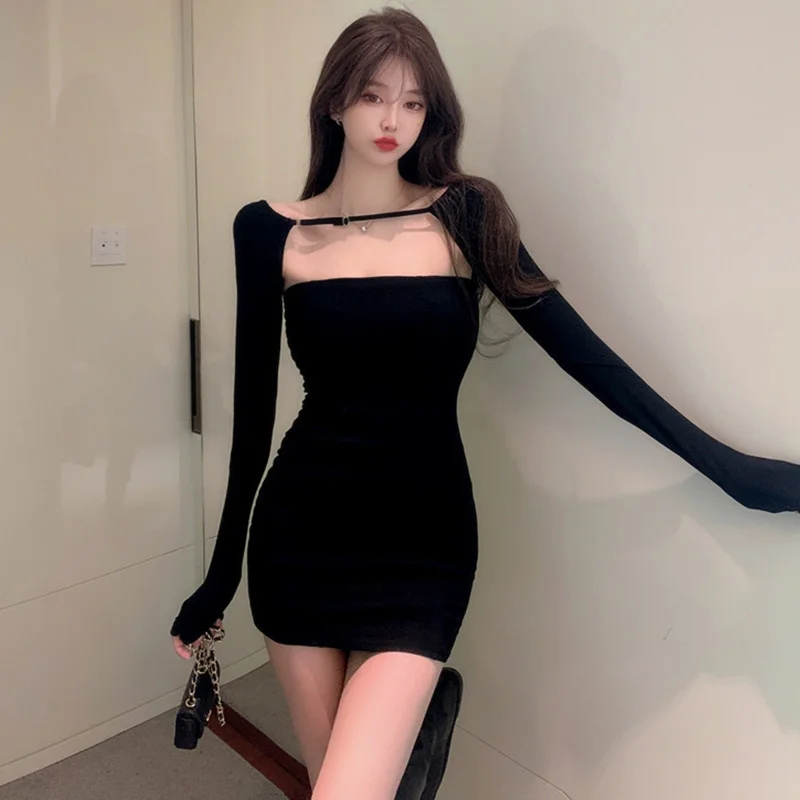 

Женское длинное облегающее платье TVVOVVIN с рукавами, Осеннее короткое платье-мини для девушек, топы из двух частей, зеленые и черные корейские...