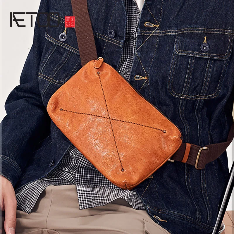 AETOO Men's chest bag, men's leather trendy retro messenger bag, men's leather simple shoulder bag