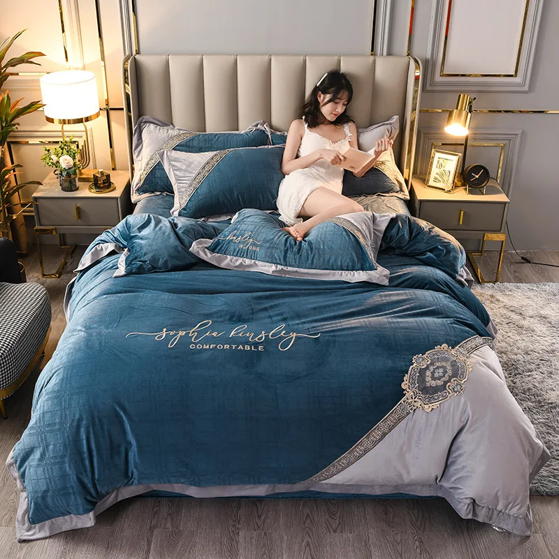 

Новинка зимнее одеяло для спальни из четырех частей роскошный толстый теплый фланелевый пододеяльник модный простой комплект постельного ...