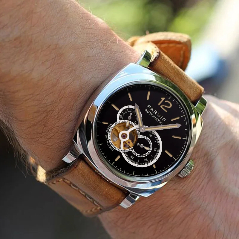 Parnis 44 мм серебристый чехол Мужские автоматические механические часы со скелетом