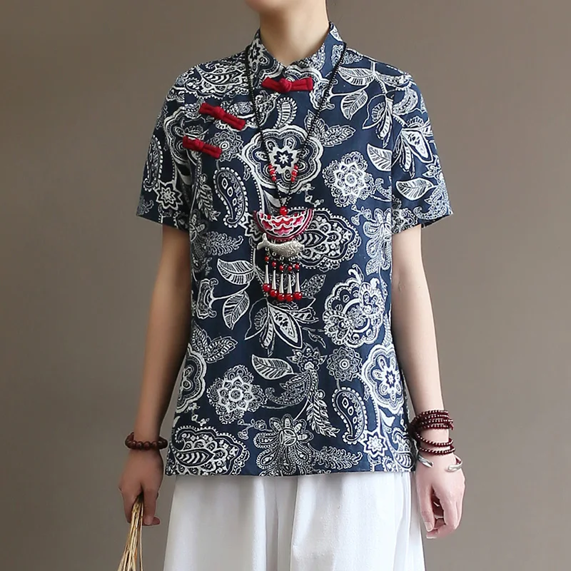 

Literature and Art Chinese style Blue Flower cloth Flag robe short sleeve Summer Cotton and Ramie sweater Women's