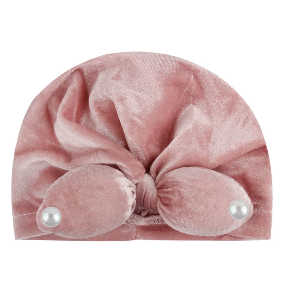 Бархатная детская шапка с жемчугом и бантом Ранняя шапочка-тюрбан аксессуары для