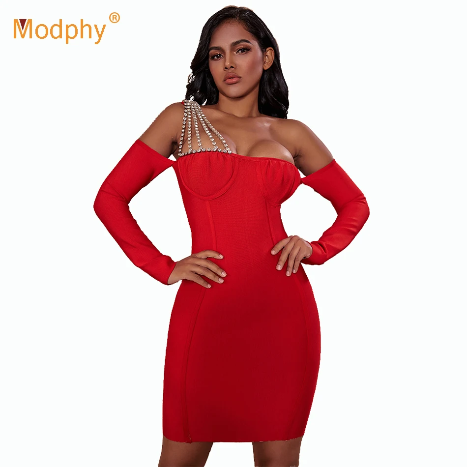Женское Бандажное платье со стразами Красное Облегающее мини с длинным рукавом и